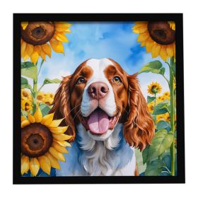 Welsh Springer Spaniel in Sunflowers Framed Metal Print Bathroom, Kitchen, Office, Home Decor Wall Art Ready to Hang, Square, 8X8