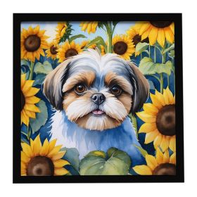 Shih Tzu in Sunflowers Framed Metal Print Bathroom, Kitchen, Office, Home Decor Wall Art Ready to Hang, Square, 8X8